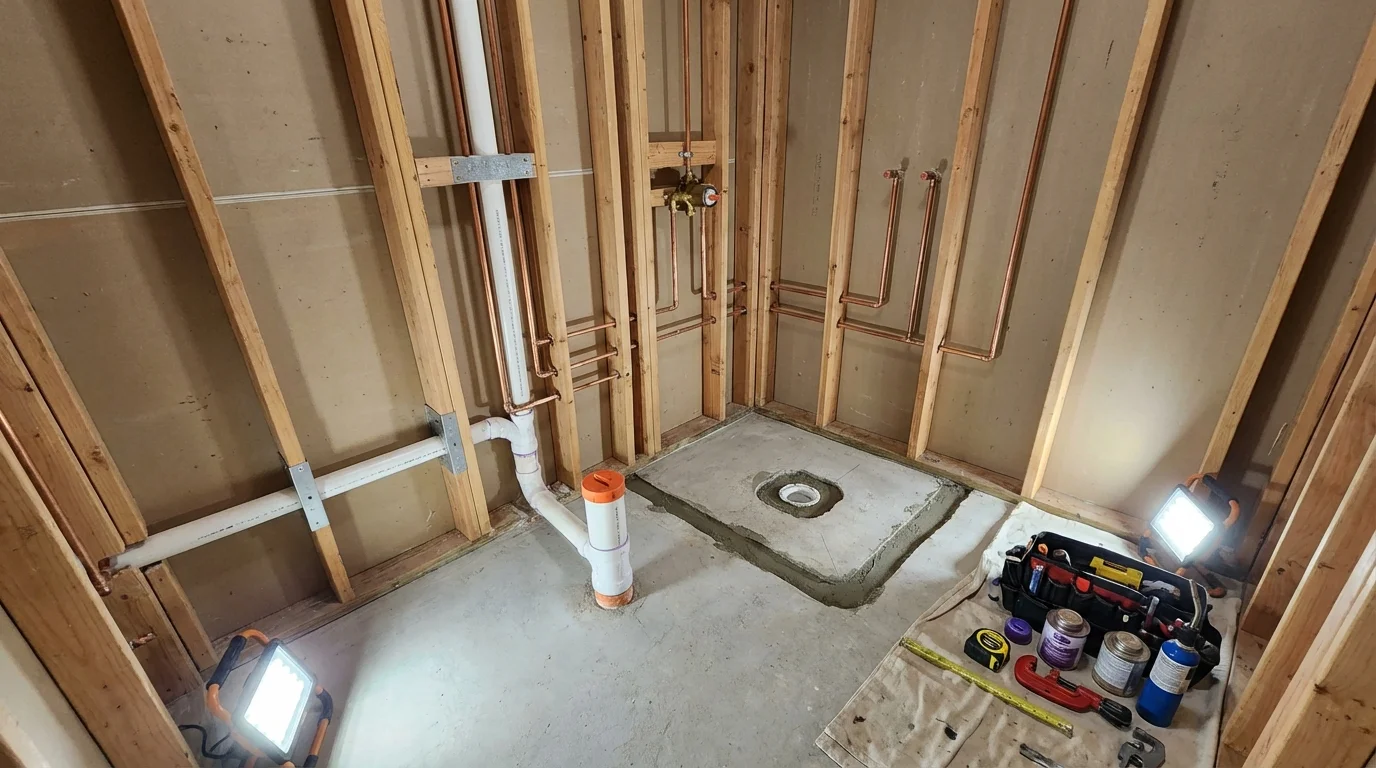 Bathroom rough-in plumbing during remodel by Johns Plumbing LLC in Florala