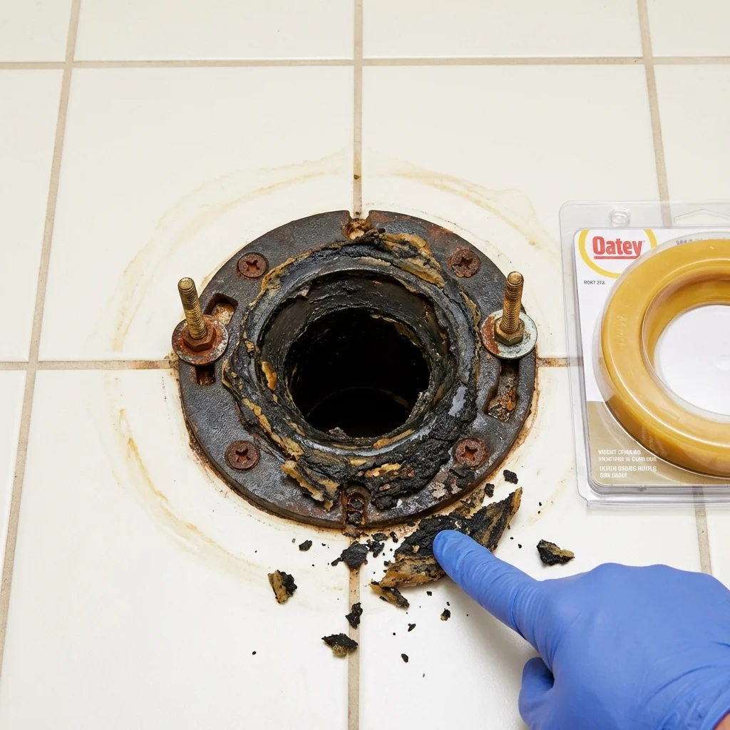 Failed wax ring showing water seepage at the base of a toilet in a Florala, AL home