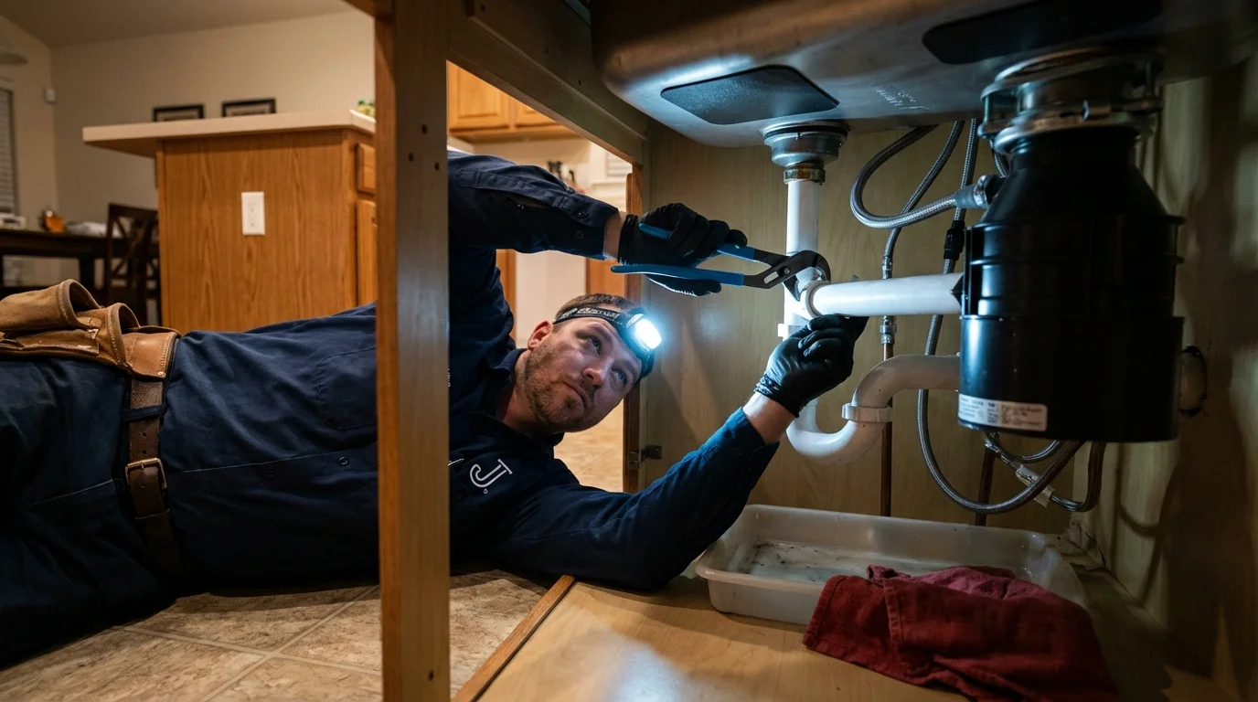 P-trap and supply line connections under a kitchen sink showing a common leak point in Florala, AL